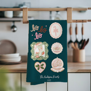 Retro Roze Groen Kerstmis Theedoek