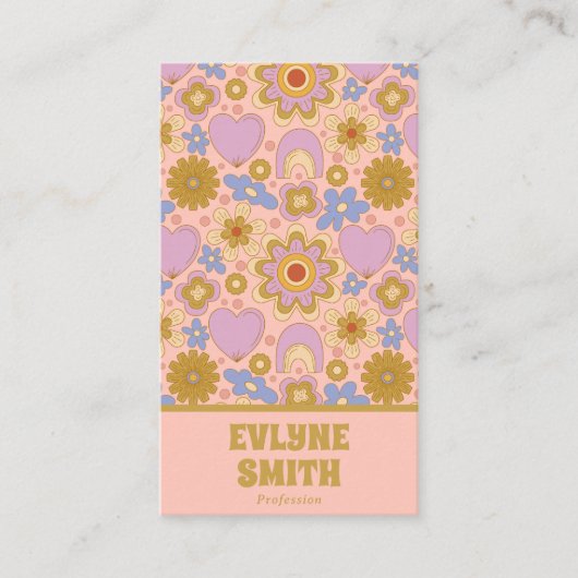 Retro Roze Groen QR Code Groovy Bloemen Girly Visitekaartje (Voorkant)