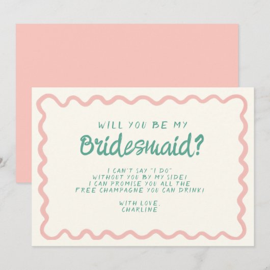 Retro Roze & Groen Wavy Bruidsmeisje Voorstel Kaart (Voorkant / Achterkant)