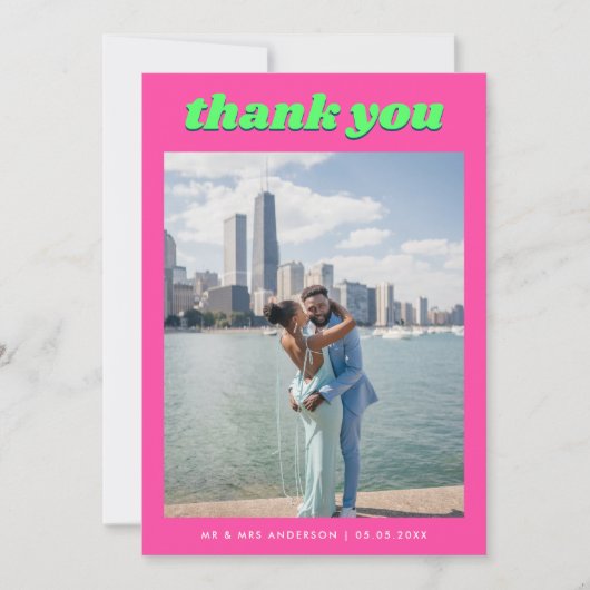 Retro Roze & Groene bruiloft Bedankkaart (Voorkant)