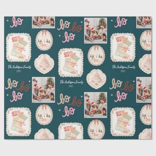 Retro roze groene kerst cadeaupapier (Vlak)