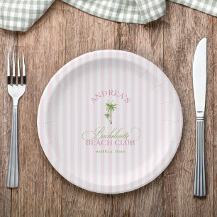 Retro Roze & Groene Palmboom Strand Bachelorette Papieren Bordje
