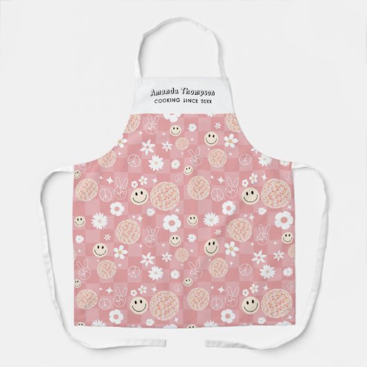 Retro Roze Groovy Geruit Hippie Custom Name Schort (Voorkant)
