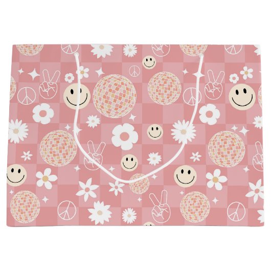 Retro Roze Groovy Geruit Hippie Patroon Groot Cadeauzakje (Voorkant)