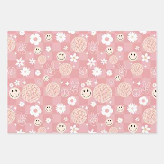Retro Roze Groovy Geruit Hippie Patroon Inpakpapier Vel (Voorkant 2)
