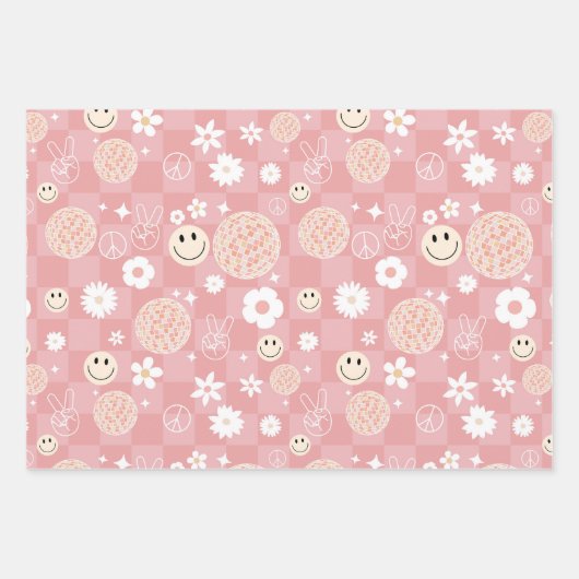 Retro Roze Groovy Geruit Hippie Patroon Inpakpapier Vel (Voorkant)
