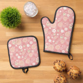 Retro Roze Groovy Geruit Hippie Patroon Ovenwant & Pannenlap Set (Top down)
