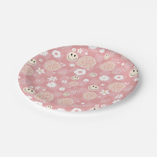Retro Roze Groovy Geruit Hippie Patroon Papieren Bordje (Gekanteld)