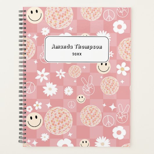 Retro Roze Groovy Geruite Hippie School Planner (Voorkant)