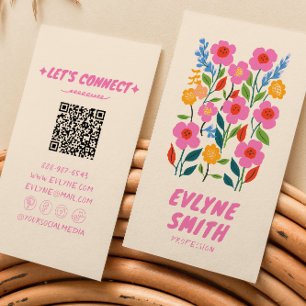 Retro Roze Hand getekend Geschreven QR Code Floral Visitekaartje