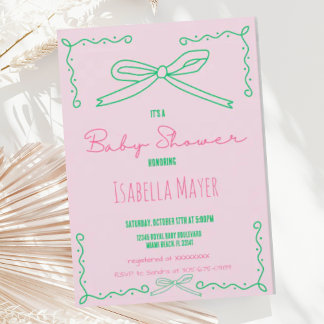Retro Roze Hand getrokken Bow Baby shower Invitati Kaart