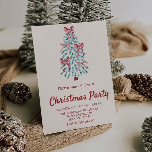 Retro Roze Hand Getrokken Kerst Bows Tree Party Kaart