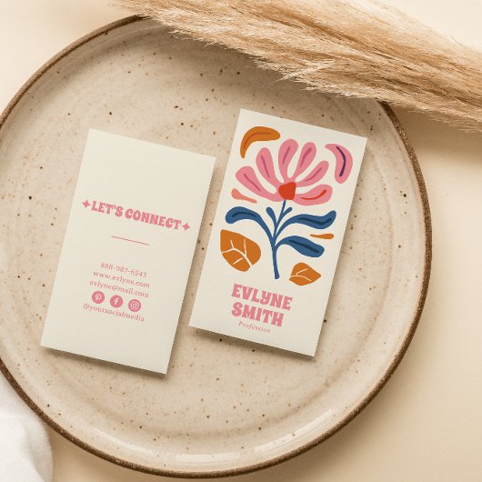 Retro roze handgetekende Groovy Bloemen Boho Girly Visitekaartje