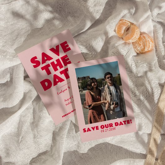 Retro roze heldere funky vet moderne foto bruiloft save the date