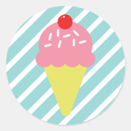 Retro Roze Ice Cream Kegel met Blauwe Strepen Ronde Sticker