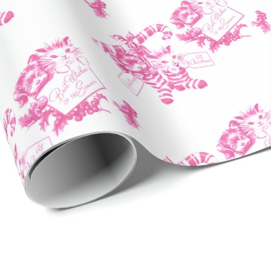Retro Roze Kerst Kitten en Puppy Cadeaupapier (Rol Hoek)