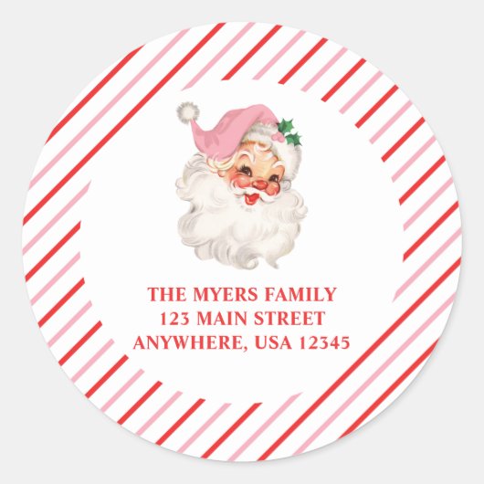 Retro Roze Kerstman adreslabel Ronde Sticker (Voorkant)