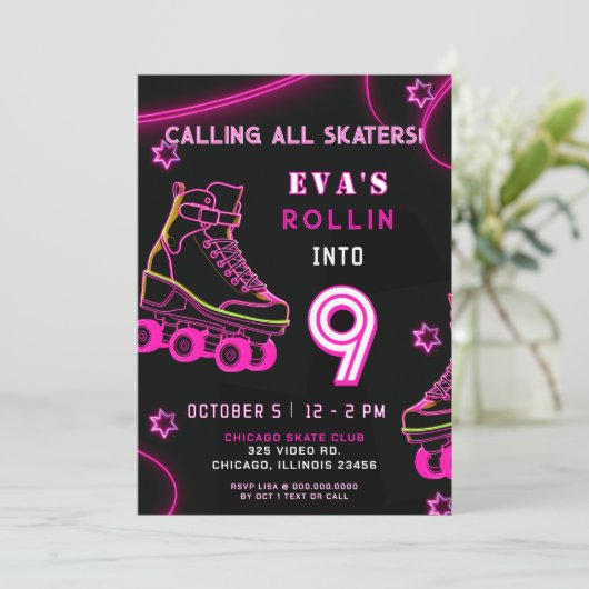 Retro Roze Neon Glow Roller Schaats Verjaardag Kaart (Staand voorkant)