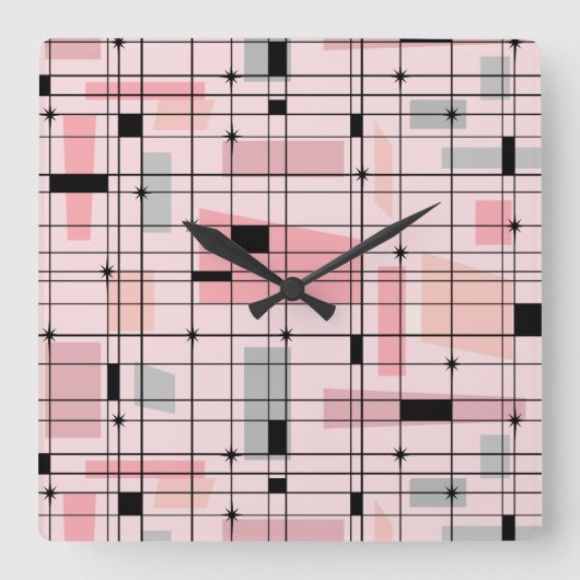 Retro Roze Net en Starbursts Square Wall Clock Vierkante Klok (Voorkant)