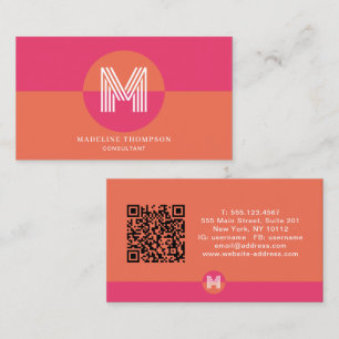 Retro Roze Oranje Geometrische Monogram QR Code Visitekaartje