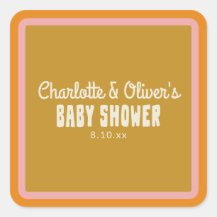 Retro Roze Oranje Goud Groovy Baby Shower Aangepas Vierkante Sticker