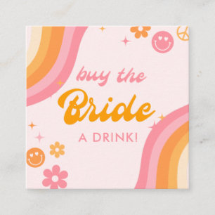Retro Roze & Oranje Trakteer de Bruid een Drank Vierkante Visitekaartje