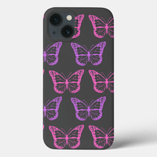 Retro Roze Paarse Bloemen Vlinder Meisje Patroon iPhone 13 Hoesje
