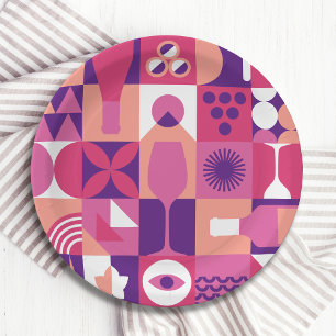 Retro Roze Paarse Wijn Bauhaus Cocktail Patroon Papieren Bordje