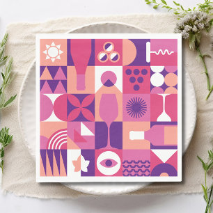 Retro Roze Paarse Wijn Bauhaus Cocktail Patroon Servet