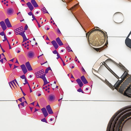 Retro Roze Paarse Wijn Bauhaus Patroon Stropdas