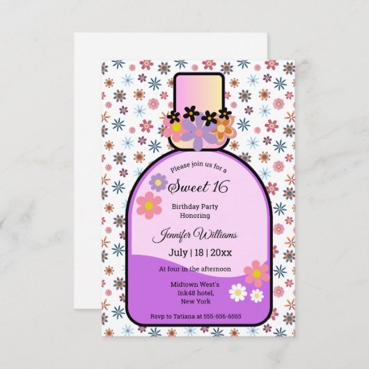 Retro roze parfumfles Bloemzoet 16 Kaart (Voorkant / Achterkant)