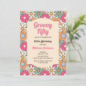 Retro Roze Peach Bloemen Groovy 50ste verjaardag Kaart (Staand voorkant)