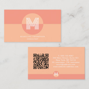 Retro Roze Perzik Geometrisch Modern Monogram QR C Visitekaartje