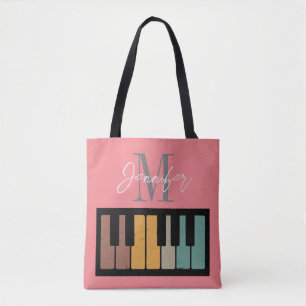 Retro Roze Piano Monogram Naam Gepersonaliseerd Draagtas