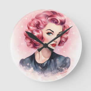 Retro Roze Pin-Up Glamour Meisje Ronde Klok
