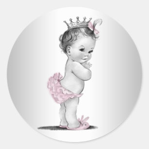 Retro Roze Prinses Baby Shower Stickers