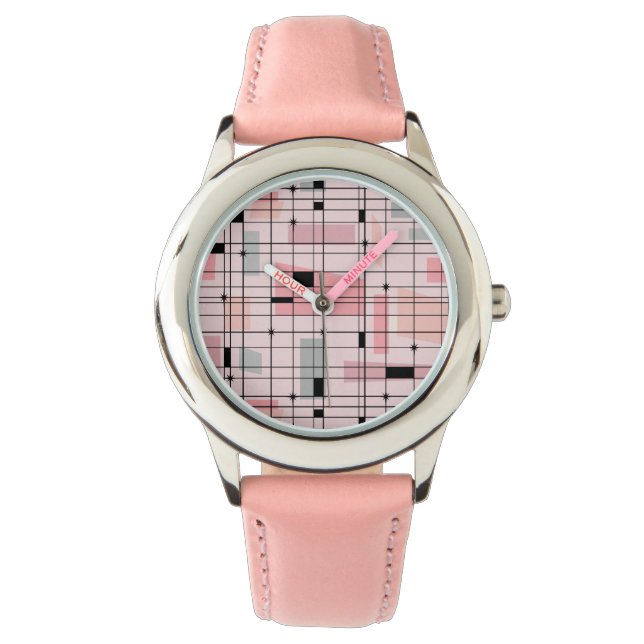 Retro roze raster en Starbursts Kind Watch Horloge (Voorkant)