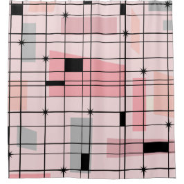 Retro roze raster en Starbursts Shower Curtain Douchegordijn