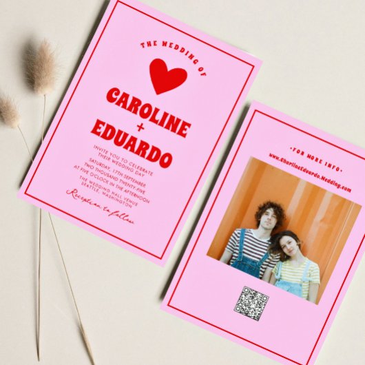 Retro Roze Rode Golvende Boho Bruiloft QR Code Kaart