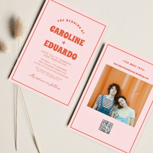 Retro Roze Rode Golvende Boho Bruiloft QR Code Kaart