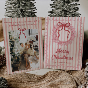 Retro Roze Rode Hand Getrokken Krans Boog Kerstmis Feestdagenkaart
