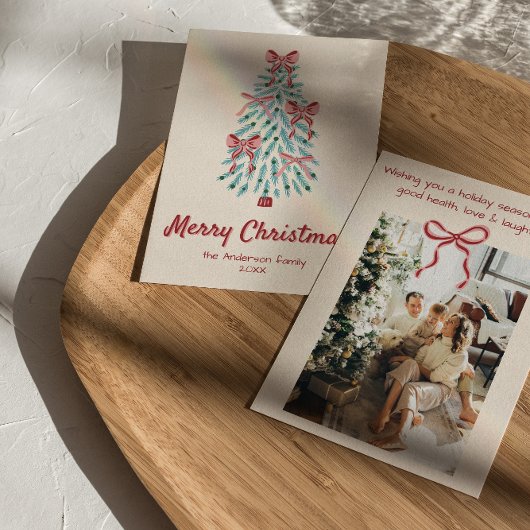 Retro Roze Rode Hand Getrokken Linten Boom Kerstmi Feestdagenkaart