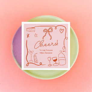 Retro roze rode handgetekende geïllustreerde bruid servet