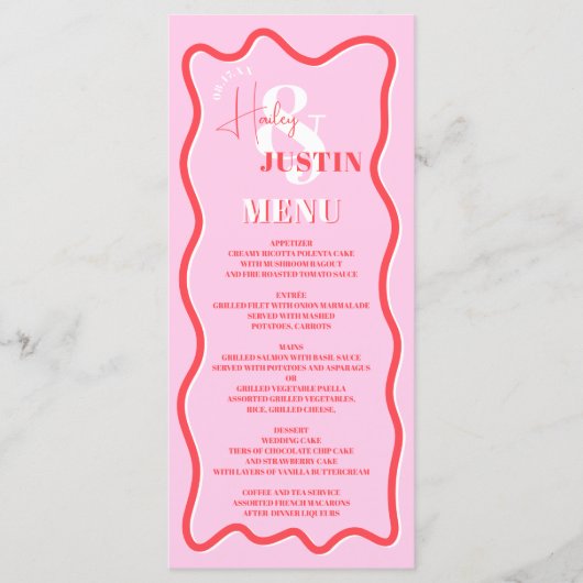 Retro roze rode kromme die de golvende bruiloft ve menu (Voorkant)