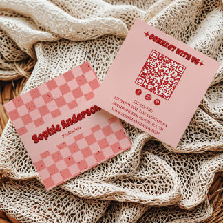 Retro Roze & Rode Schaakbord met QR-code Vierkante Visitekaartje