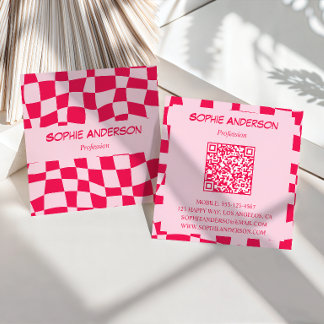 Retro roze & rood dambord QR-code Vierkante Visitekaartje