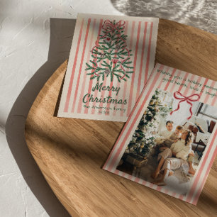 Retro Roze Rood Groen Getrokken Linten Boom Kerstm Feestdagenkaart