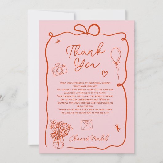 Retro roze rood handgetekend geïllustreerd vrijgez bedankkaart (Voorkant)