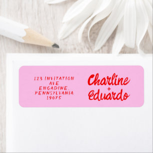 Retro Roze &Rood handschrift bruiloft label