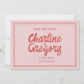 Retro Roze Rood Handschrift Bruiloft Save the Date Kaart (Voorkant)